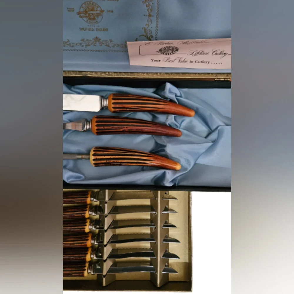 Vintage 1960's W Parker & Sons Sheffield carving set and steak knifes. 9 piece